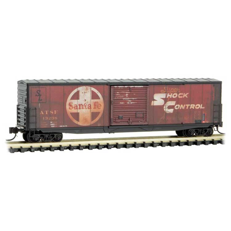 50' Boxcar with 10' Door, No Roofwalk, Short Ladders - Ready to Run -- Santa Fe 13238 (Weathered, red, white, Large Logo, Shock Control Graphics)-1