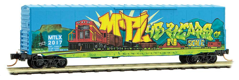 50' Boxcar w/8' Plug Door, No Roofwalk, Short Ladders - Ready to Run -- Micro-Trains MTLX 2017 (45th Anniversary, blue, Graffiti on One Side)-1