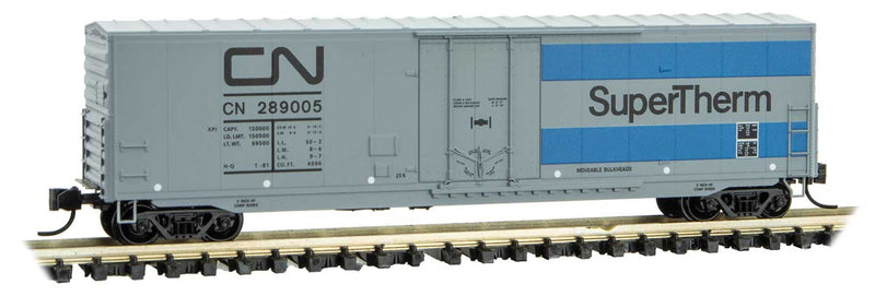 50' Boxcar with 8' Plug Door, No Roofwalk, Short Ladders - Ready to Run -- Canadian National #289005 (gray, blue; black SuperTherm Markings)
