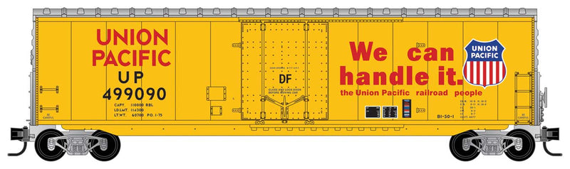 50' Boxcar with 8' Plug Door, No Roofwalk, Short Ladders - Ready to Ru -- Union Pacific 499090 (Armour Yellow, silver, red, We Can Handle It Slogan)