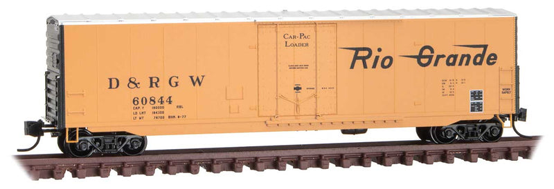 50' Boxcar with 8' Plug Door, No Roofwalk, Short Ladders - Ready to Run -- Denver & Rio Grande Western 60844 (Aspen Gold, black, silver, Flying Grande)