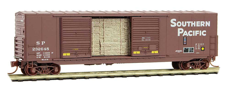 50' Double-Door Boxcar w/8' Doors, No Roofwalk, Lumber Load - Ready to Run -- Southern Pacific 232648 (1970s, Boxcar Red, white)