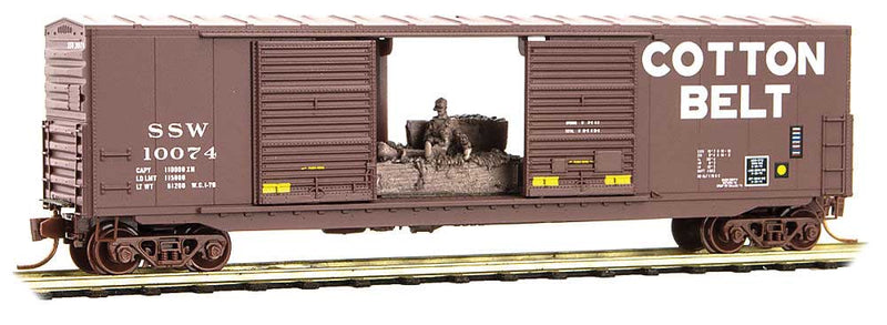 50' Double-Door Boxcar w/8' Doors, No Roofwalk, Man on Hay Load - Ready to R -- Cotton Belt SSW 10074 (Boxcar Red, white)