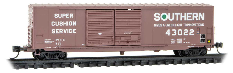 50' Double-Door Boxcar w/8' Doors, No Roofwalk, Short Ladders - Ready to Run -- Southern Railway #43022 (Boxcar Red, white, green, Green Light Slogan)