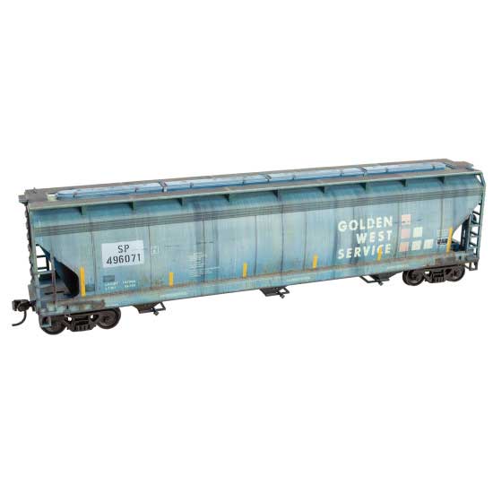 ACF 47' 3-Bay Center-Flow Covered Hopper - Ready to Run - Grit N Grime -- Golden West Service SP #496071 (Weathered, blue, yellow, red)-1