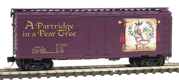 12 Days of Christmas Series; 40' Plug Door Boxcar -- #1 "A Partridge in a Pear Tree" (purple, gold)
