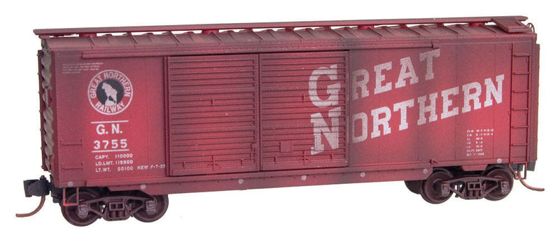 40' Double-Door Boxcar - Ready to Run -- Great Northern #3755 (Weathered, red, Billboard Slanted Lettering)