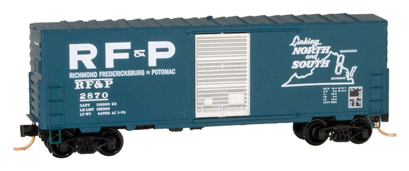 40' Single-Door Boxcar No Roofwalk - Ready to Run -- Richmond, Fredericksburg & Potomac #2870 (blue, white, Large Logo & Letterin
