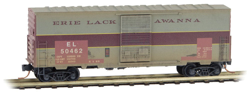 40' Single-Door Boxcar No Roofwalk - Ready to Run -- Erie Lackawanna #50462 (Weathered, Patched, gray, maroon)