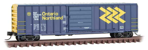 50' Rib-Side Single-Door Boxcar No Roofwalk - Ready to Run -- Ontario Northland 7816 (blue, yellow)