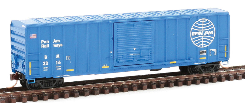 50' Rib-Side Single-Door Boxcar No Roofwalk - Ready to Run -- Pan Am Railways BM #3316 (blue, white, yellow Conspicuity Marks)