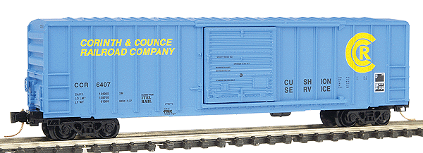 50' Rib Side, Single Door Boxcar - No Roofwalk -- Corinth & Counce Railroad #6407 (Sky Blue, yellow & black lettering)