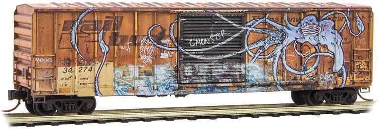 50' Rib-Side Single-Door Boxcar No Roofwalk - Ready to Run -- Railbox 34274 (weathered, yellow, black, World Oceans Day Graffiti)-1