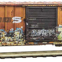 50' Rib-Side Single-Door Boxcar No Roofwalk - Ready to Run -- Railbox 34274 (weathered, yellow, black, World Oceans Day Graffiti)