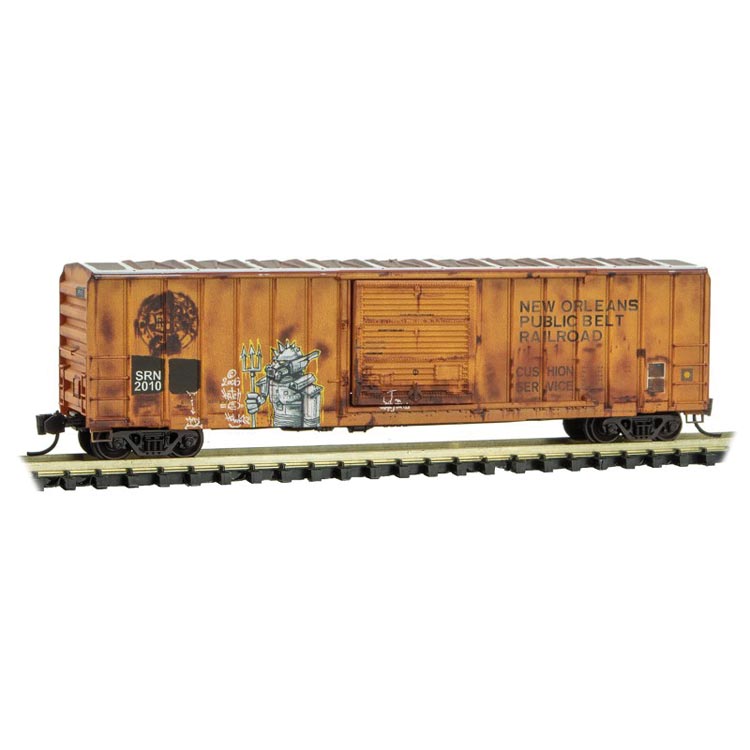 50' Rib-Side Single-Door Boxcar No Roofwalk - Ready to Run -- Sabine River & Northern 2010 (ex-NOPB, Weathered, orange, Graffiti)-1