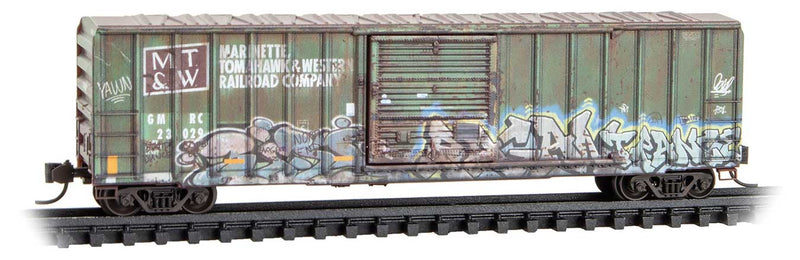 50' Rib-Side Single-Door Boxcar No Roofwalk - Ready to Run -- Green Mountain #23029 (Ex-MT&W Weathered, green, Graffiti, Per Diem #7)