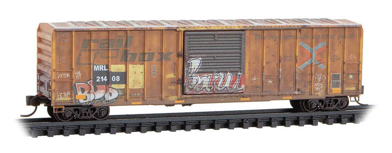 50' Rib-Side Single-Door Boxcar No Roofwalk - Ready to Run -- Montana Rail Link #21408 (Ex-Railbox, yellow, black, graffiti, Series #3)-1