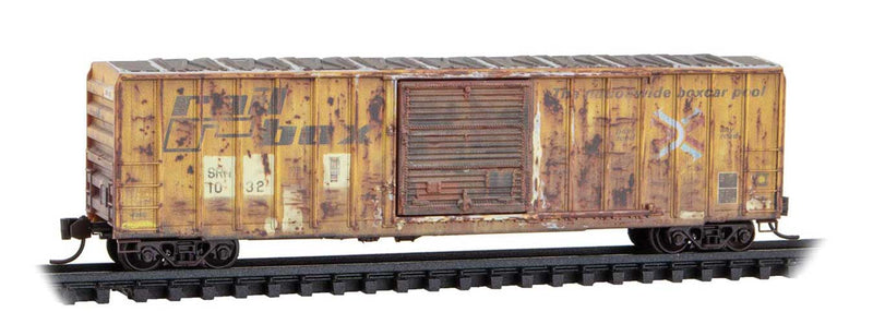 50' Rib-Side Single-Door Boxcar No Roofwalk - Ready to Run -- Sabine River & Northern #1032 (Weathered, Ex-Railbox, yellow, Series #8)-1