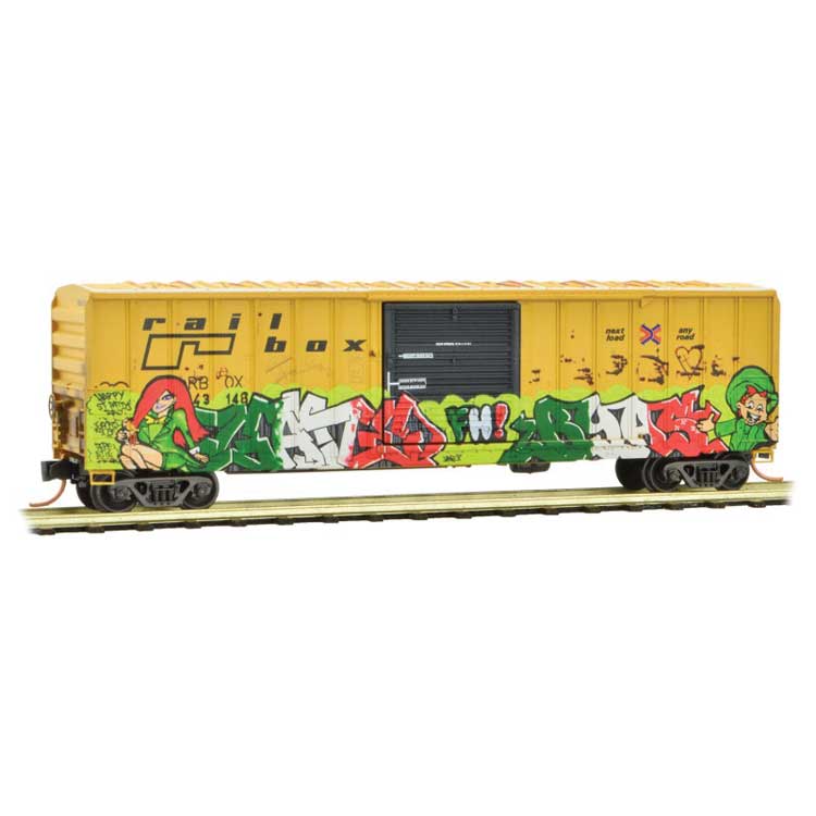 50' Rib-Side Single-Door Boxcar No Roofwalk - Ready to Run -- Railbox 43148 (Weathered, St. Patrick's Day Graffiti, yellow, black, green)-1