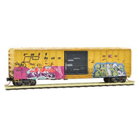 50' Rib-Side Single-Door Boxcar No Roofwalk - Ready to Run -- Railbox 43148 (Weathered, St. Patrick's Day Graffiti, yellow, black, green)