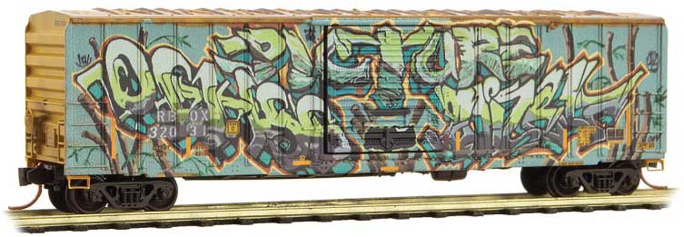 50' Rib-Side Single-Door Boxcar No Roofwalk - Ready to Run -- Railbox 32031 (Weathered, yellow, black, Vegetarian Day Graffiti)-1