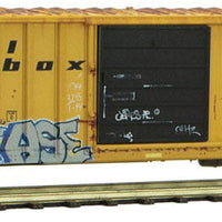50' Rib-Side Single-Door Boxcar No Roofwalk - Ready to Run -- Railbox 38295 (Weathered, yellow, black, Great Smokeout Graffiti)