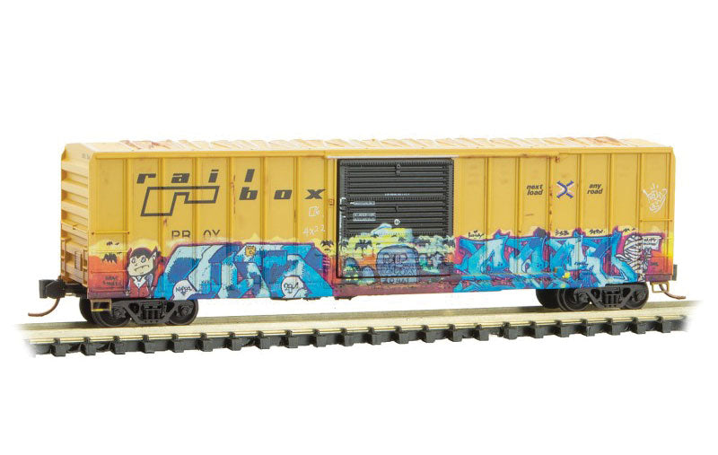 50' Rib-Side Single-Door Boxcar No Roofwalk - Ready to Run -- Railbox 38461 (Weathered, yellow, black, Garlic Day Graffiti, Series Car 4)