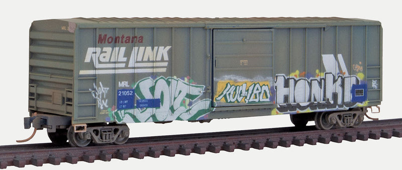 50' Rib-Side Single-Door Boxcar No Roofwalk - Ready to Run -- Montana Rail Link #21052 (Weathered, blue, white, Graffiti)