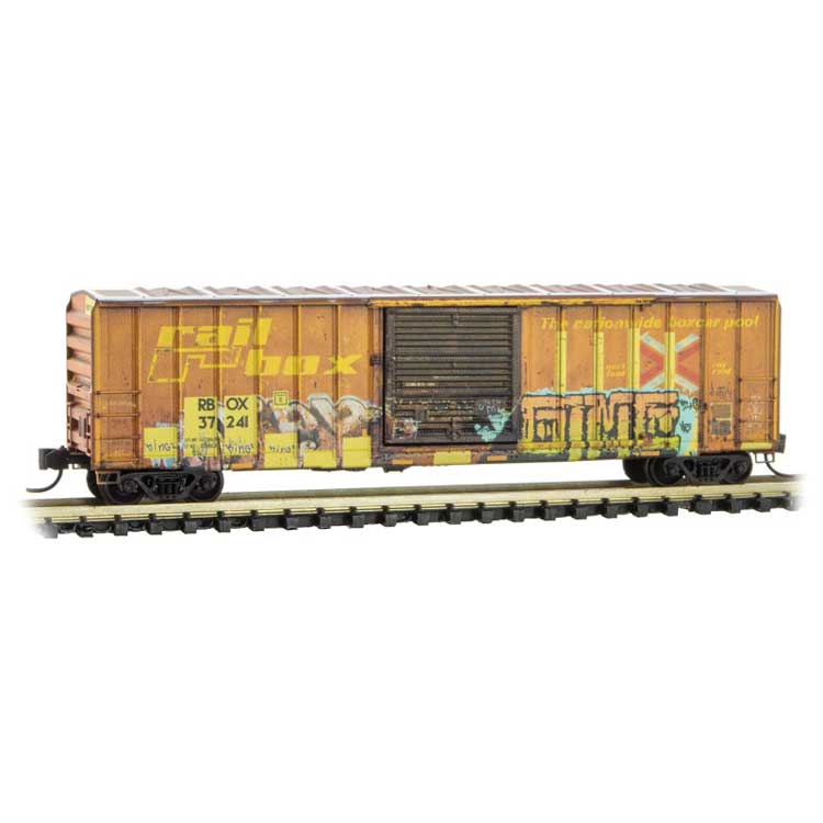 50' Rib-Side Single-Door Boxcar No Roofwalk - Ready to Run -- Railbox 37241 (Weathered, yellow, black, Graffiti, Series Car 6)-1