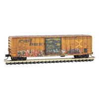 50' Rib-Side Single-Door Boxcar No Roofwalk - Ready to Run -- Railbox 38432 (Weathered, yellow, black, Joke Day Graffiti, Series Car 8)