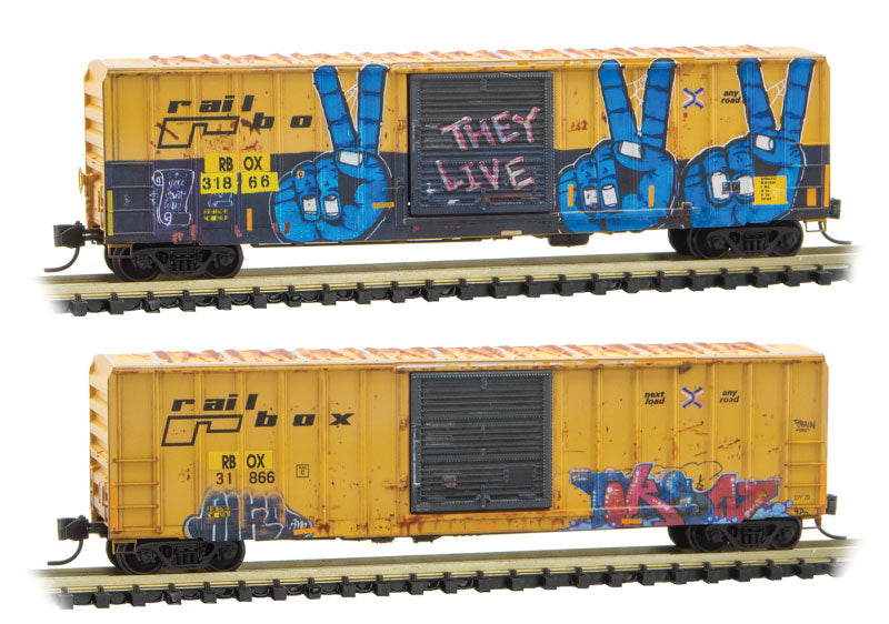 50' Rib-Side Single-Door Boxcar No Roofwalk - Ready to Run -- Railbox 31866 (Weathered; yellow, black; Peace Day Graffiti, Series Car 11)