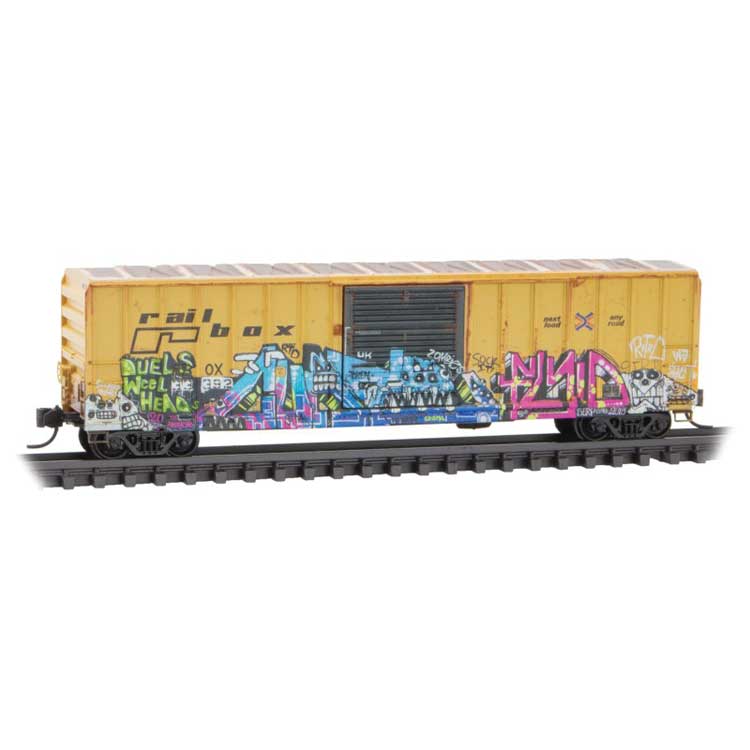50' Rib-Side Single-Door Boxcar No Roofwalk - Ready to Run -- Railbox (Weathered, yellow, black, 12 Hour Fresh Breath Graffiti Series Car