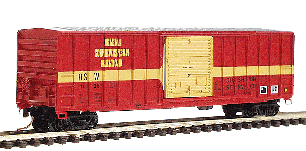 50' Rib Side Boxcar Single Door No Roofwalk -- Helena Southwestern Railroad #1036 (Caboose Red w/Yellow Bands)