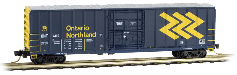 50' Rib-Side Plug-Door Boxcar No Roofwalk - Ready to Run -- Ontario Northland #7412 (blue, yellow, Chevron Logo)