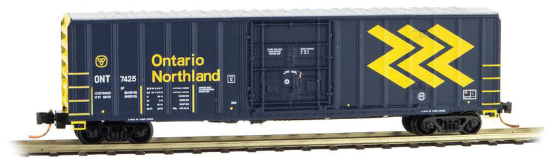 50' Rib-Side Plug-Door Boxcar No Roofwalk - Ready to Run -- Ontario Northland #7425 (blue, yellow; Chevron Logo)