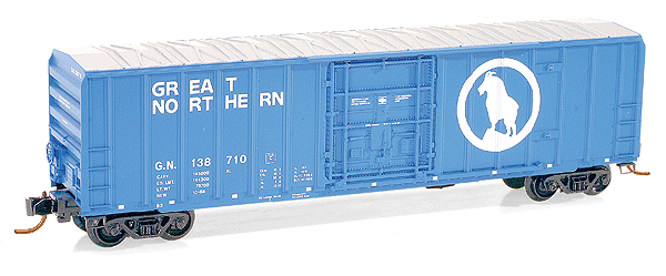 PCF 50' Rib-Side Boxcar, Plug-Door, No Roofwalk - Ready to Run -- Great Northern #138710 (Big Sky Blue, white Rocky Logo, white Lettering)