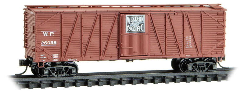 40' Outside-Braced Single-Door Wood Boxcar - Ready to Run -- Western Pacific #26038 (Boxcar Red, black, white, Feather River Logo)