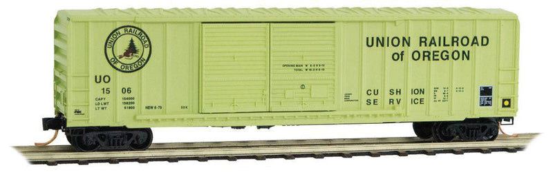 50' Rib-Side Double-Door Boxcar No Roofwalk - Ready to Run -- Union Railroad of Oregon #1506 (light & dark green, Per Diem Series #4)