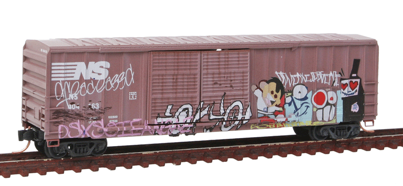 50' Rib-Side Double-Door Boxcar No Roofwalk - Ready to Run -- Norfolk Southern (Weathered, Boxcar Red, Graffiti)