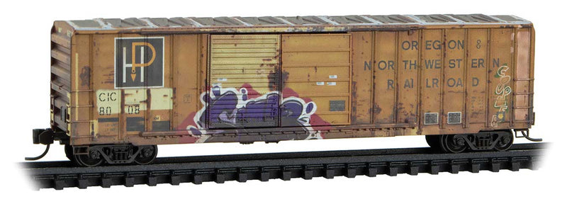50' Rib-Side Double-Door Boxcar No Roofwalk - Ready to Run -- Cedar Rapids & Iowa City #8008 (Weathered, Ex-O&NW, graffiti, Per Diem 4)-1
