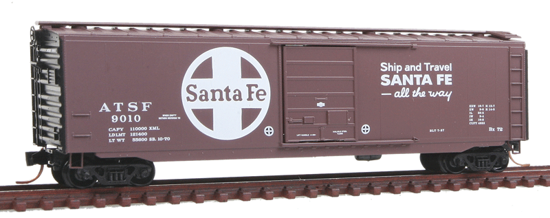 50' Single-Door Boxcar - Ready to Run -- Santa Fe #9010 (Boxcar Red, black, white, Large Logo, All the Way Slogan)
