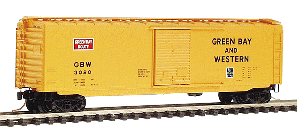 50' Standard Boxcar Single Door and Roofwalk -- Green Bay & Western #3020 (yellow, red & white herald, black lettering)