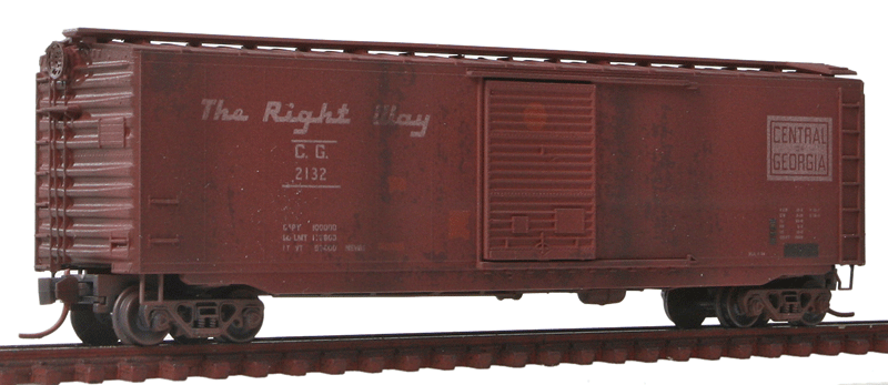 50' Single-Door Boxcar - Ready to Run -- Central of Georgia #2132 (Weathered, Boxcar Red, white, Right Way Slogan)