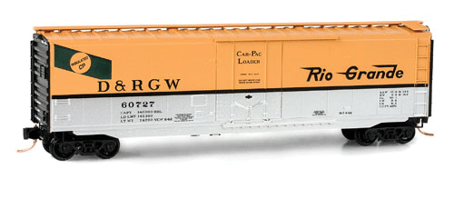 50' Plug-Door Boxcar - Ready to Run -- Denver & Rio Grande Western #60727 (Aspen Gold, silver, black, Car-Pac Marks-1