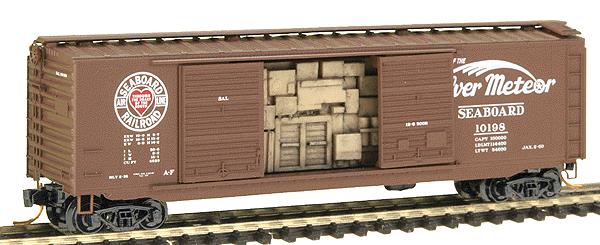 50' Standard Double-Door Boxcar w/Youngstown Doors & 2New Freight Load -- Seaboard Air Line #10198 (Boxcar Red; "Heart" herald & Silver Meteor sloga