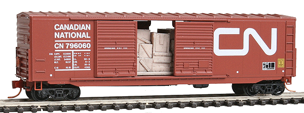 50' Double-Door Boxcar No Roofwalk - Ready to Run -- With Stacked Box Load Canadian National #796060 (Boxcar Red)