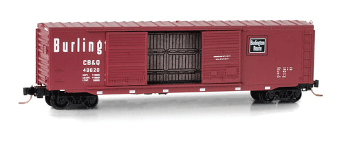 50' Double-Door Boxcar No Roofwalk w/Freight Load - Ready to Run -- Chicago, Burlington & Quincy #48620 (Chinese Red, white, black)