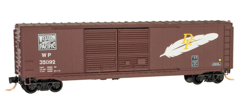 50' Double-Door Boxcar No Roofwalk w/Paper Roll Load - Ready to Run -- Western Pacific #35092 (Boxcar Red, silver, Large Feather)