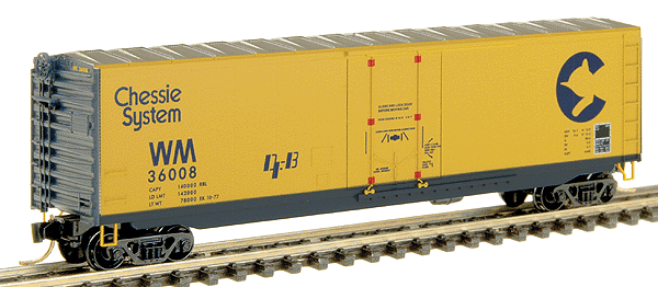 50' Plug-Door Boxcar No Roofwalk - Ready to Run -- Chessie System/WM #36008 (Enchantment Blue w/Federal Safety Yellow sides)