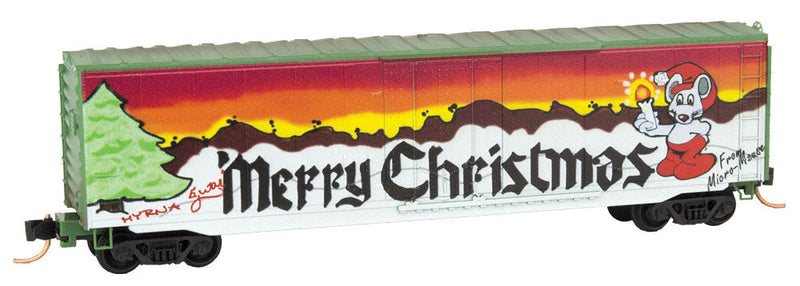 50' Plug-Door Boxcar No Roofwalk - Ready to Run -- Burlington Northern (Side 1: Christmas Car w/Micro-Mouse, Side 2: green)-1